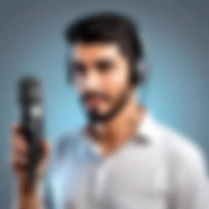 An individual using a microphone translation device for communication