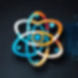 Illustration of the React logo with a coding background