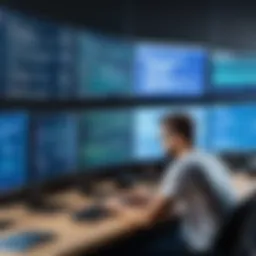 A person coding in Solidity with multiple screens displaying blockchain concepts