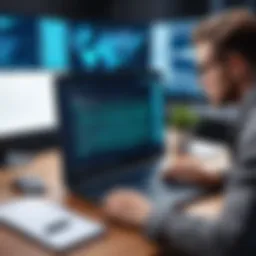 A programmer writing code on a laptop in a modern workspace