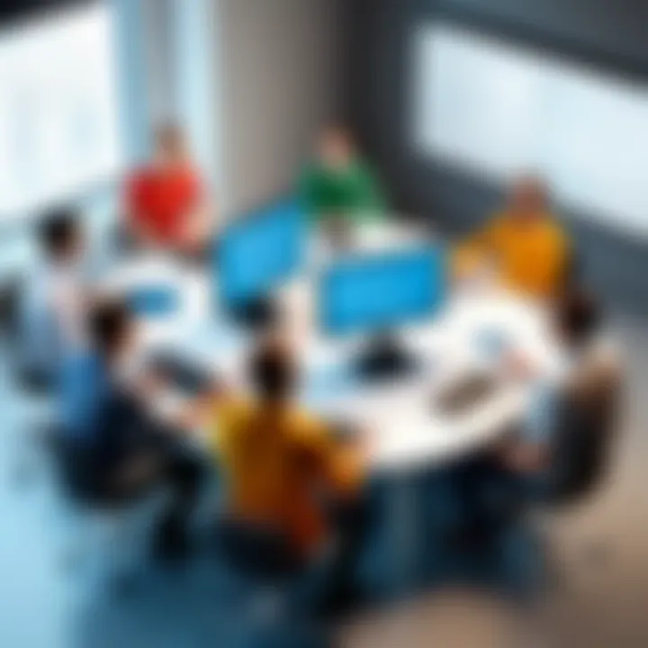 A collaborative meeting between website developers and designers discussing project elements.