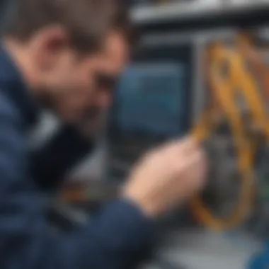 Technician examining fiber optic cables for connectivity