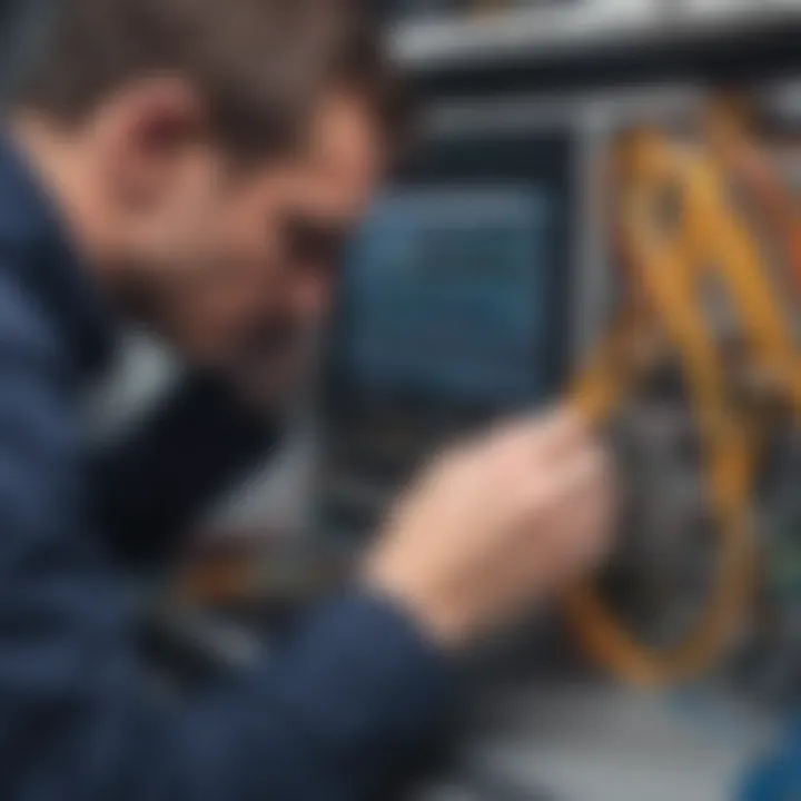 Technician examining fiber optic cables for connectivity