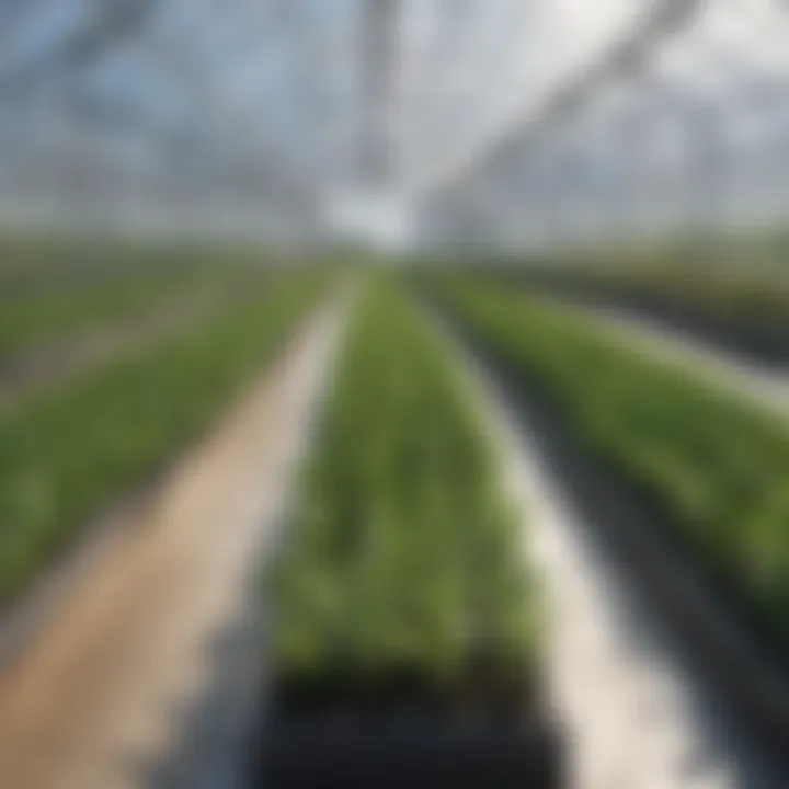 Greenhouse farming with rows of plants under controlled environment
