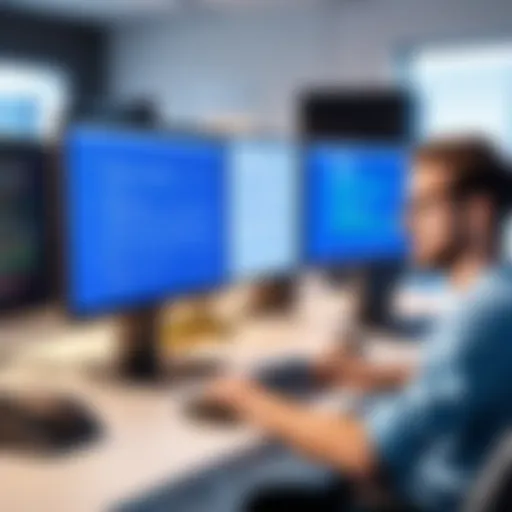 A skilled programmer coding at a computer station