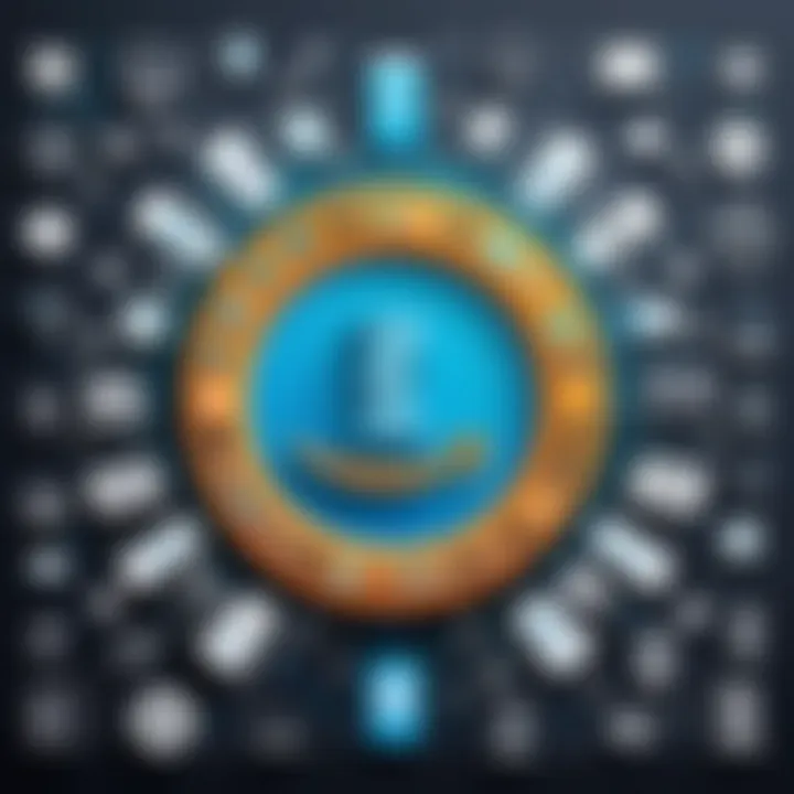A vibrant illustration of Amazon's logo surrounded by technology icons.