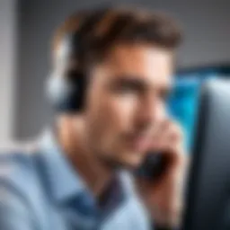 A software engineer engaged in a technical phone interview, showcasing focused concentration.