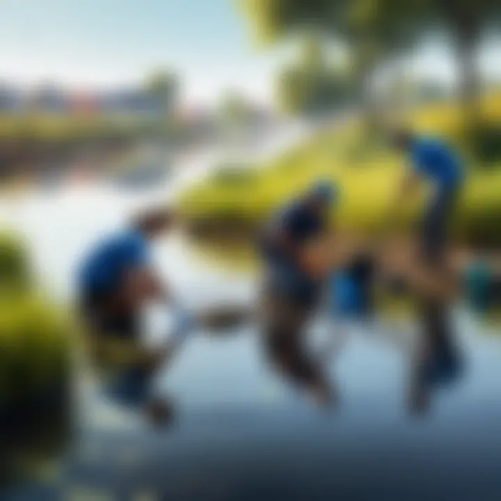 A group of diverse individuals engaging in a community clean-up effort near a water body.