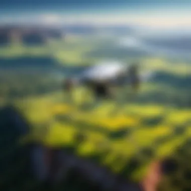 Drone Monitoring for Conservation A drone monitoring a vast landscape, symbolizing technology's role in wildlife conservation.