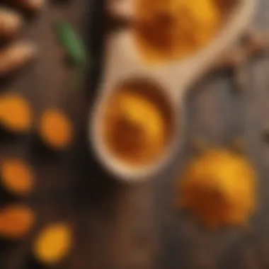 Vibrant Turmeric Powder in Natural Setting Turmeric powder in a rustic wooden spoon